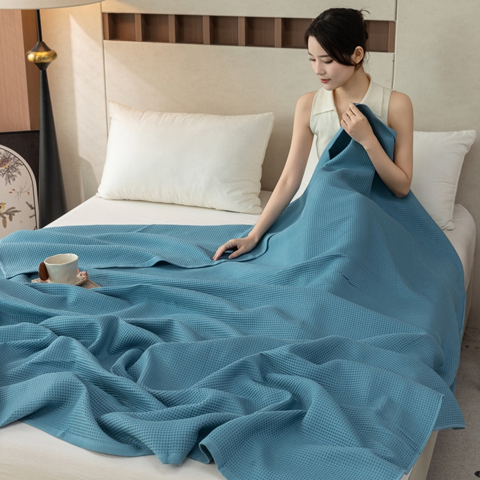 91家纺网 家纺一手货源 找家纺 乐家毛巾被 2025春夏新款日式华夫全棉纯棉毛巾被 华夫格-天蓝