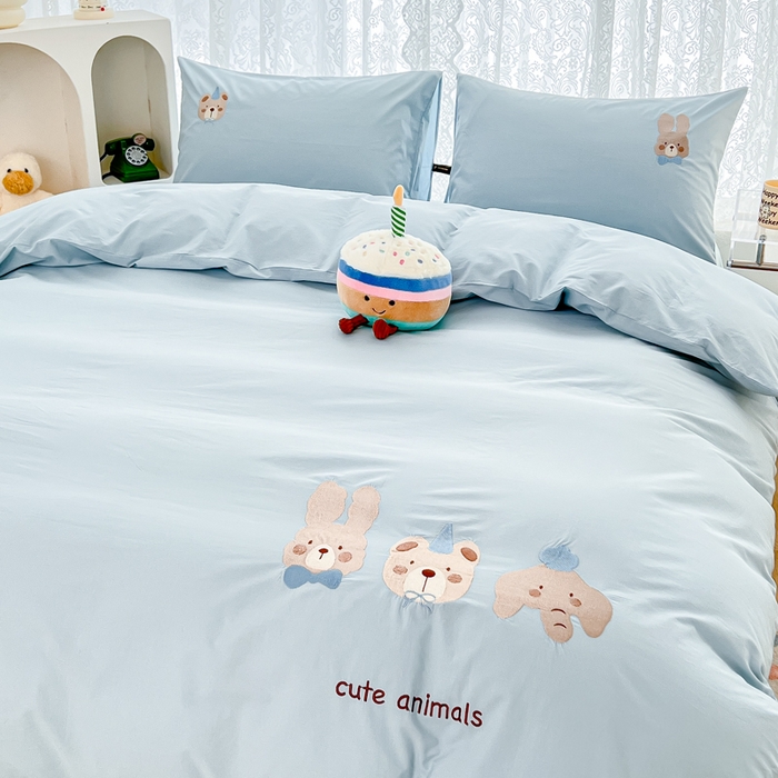 91家纺网 家纺一手货源 找家纺 曼町家居 2025春夏新款40支全棉纯棉水洗棉刺绣四件套 元气星喵-北欧蓝