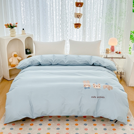 91家纺网 家纺一手货源 找家纺 曼町家居 2025春夏新款40支全棉纯棉水洗棉刺绣四件套 元气星喵-北欧蓝