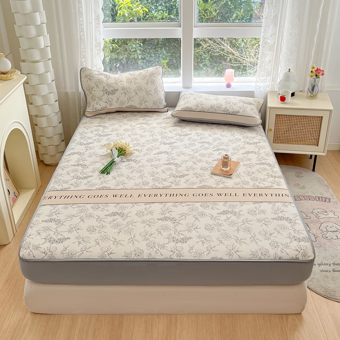 91家纺网 家纺一手货源 找家纺 星座家纺 2025新款复合提花凉感丝凉席三件套床笠款 午后茶花-床笠款