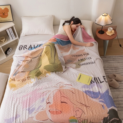 乐家毛巾被 2025春夏新款全棉纯棉六层大版印花毛巾被 踏青女孩