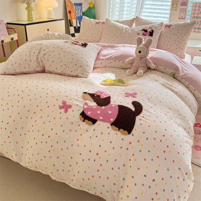 91家纺网 家纺一手货源 找家纺 多品 2025春夏新款水洗棉毛巾绣卡通系列被套单件-单被套 心愿狗