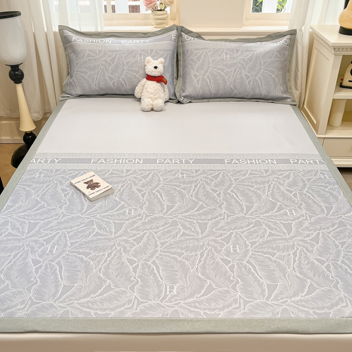 91家纺网 家纺一手货源 找家纺 星座家纺 2025新款复合提花凉感丝凉席三件套平铺款 叶之语-灰