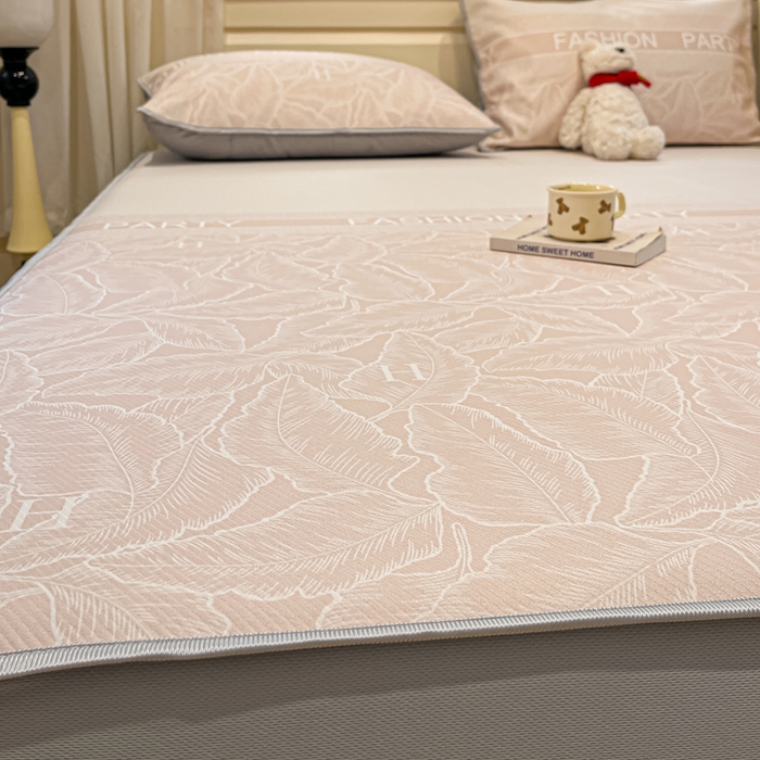 91家纺网 家纺一手货源 找家纺 星座家纺 2025新款复合提花凉感丝凉席三件套床笠款 叶之语-奶咖 床笠款