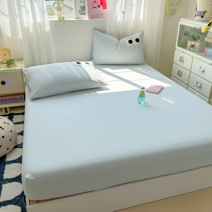 91家纺网 家纺一手货源 找家纺 丽涵家纺 丽涵新品 全棉色织水洗棉单品床笠-床笠三件套 蓝小格