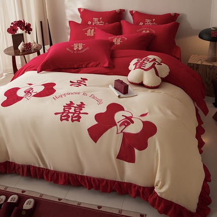 91家纺网 家纺一手货源 找家纺 （总）玉雅家纺 2025新款长绒棉花边款刺绣时尚婚庆四件套