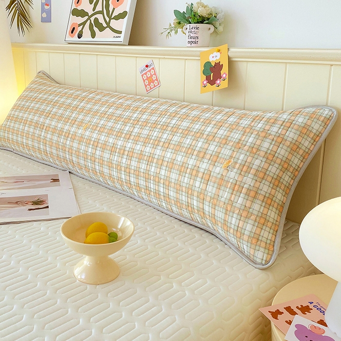 雨彤家纺 2025年新款A类乳胶凉感丝双人长枕套 轻盈格-橙