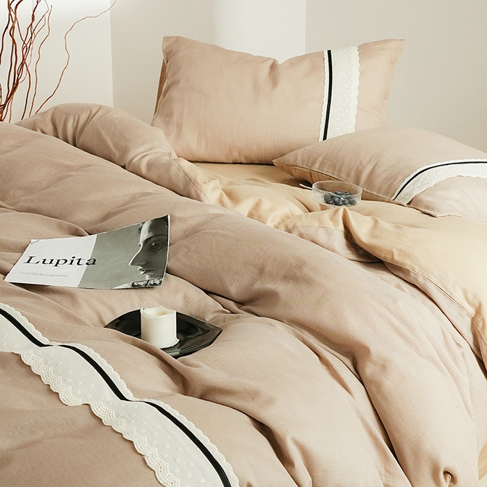 91家纺网 家纺一手货源 找家纺 （总）丽卡家纺 2025新款花边压褶瑟琳娜100%全棉双层纱四件套