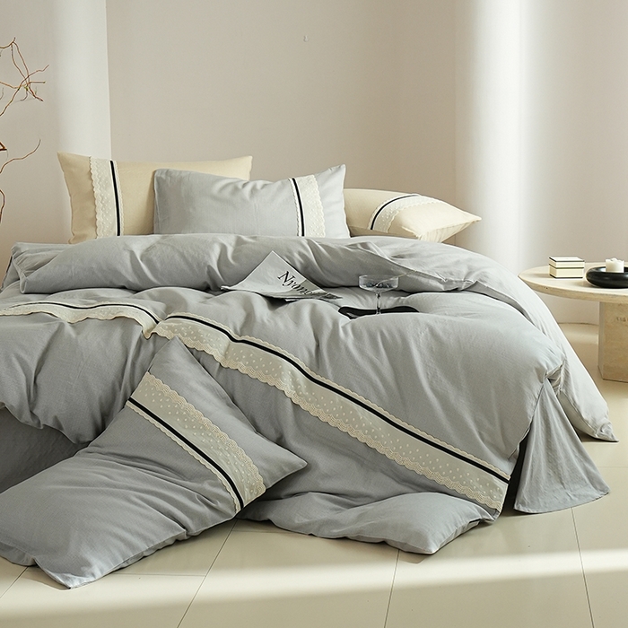 91家纺网 家纺一手货源 找家纺 丽卡家纺 2025新款花边压褶瑟琳娜100%全棉双层纱四件套 高级灰