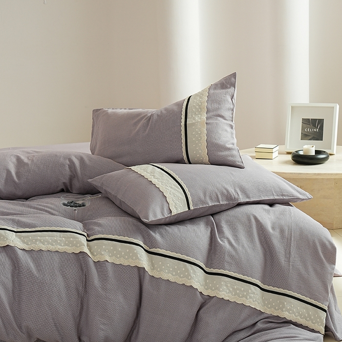 91家纺网 家纺一手货源 找家纺 丽卡家纺 2025新款花边压褶瑟琳娜100%全棉双层纱四件套 薰衣草紫