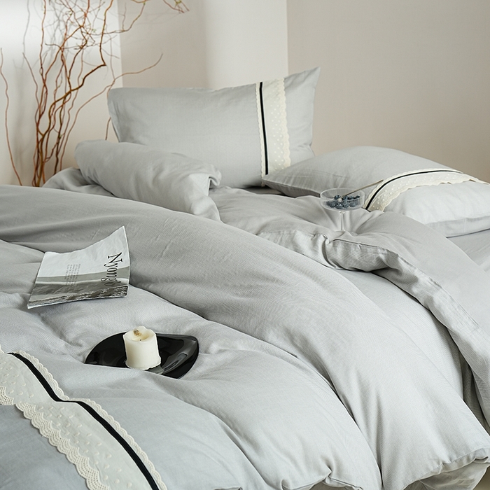 91家纺网 家纺一手货源 找家纺 丽卡家纺 2025新款花边压褶瑟琳娜100%全棉双层纱四件套 高级灰