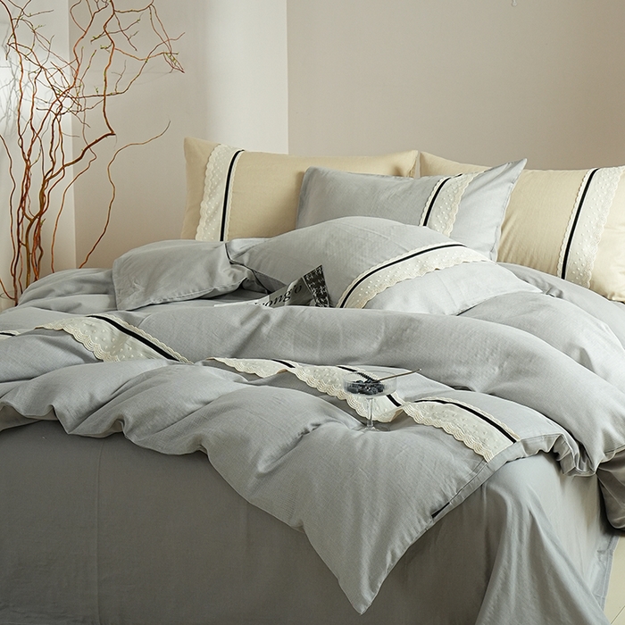 91家纺网 家纺一手货源 找家纺 丽卡家纺 2025新款花边压褶瑟琳娜100%全棉双层纱四件套 高级灰