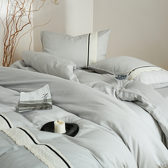 91家纺网 家纺一手货源 找家纺 丽卡家纺 2025新款花边压褶瑟琳娜100%全棉双层纱四件套 高级灰