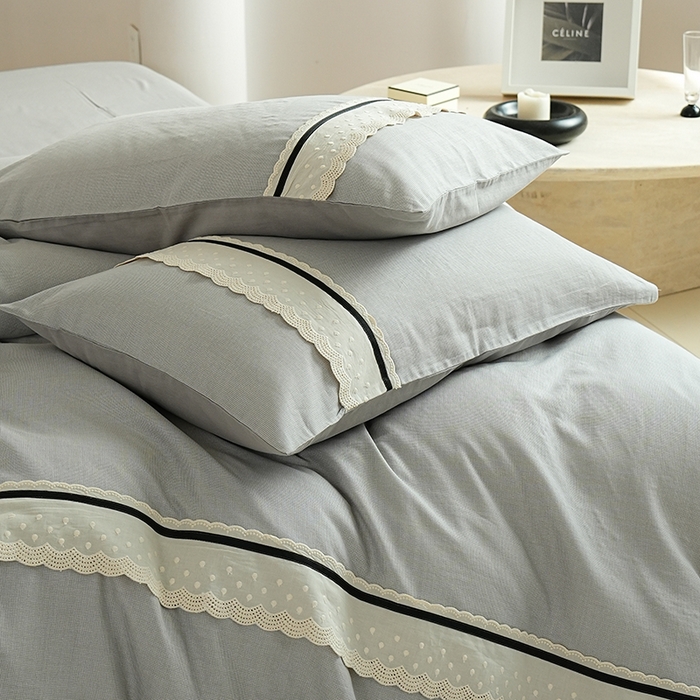 91家纺网 家纺一手货源 找家纺 丽卡家纺 2025新款花边压褶瑟琳娜100%全棉双层纱四件套 高级灰
