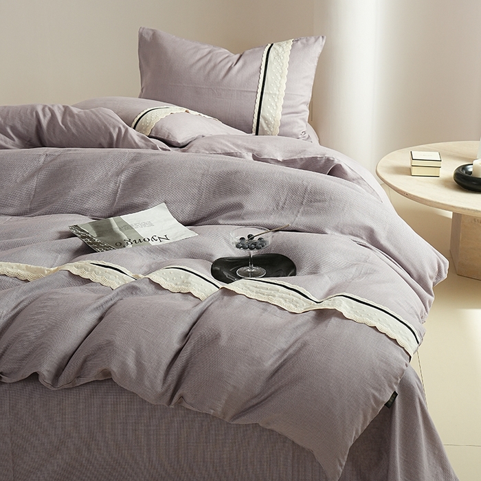 91家纺网 家纺一手货源 找家纺 丽卡家纺 2025新款花边压褶瑟琳娜100%全棉双层纱四件套 薰衣草紫