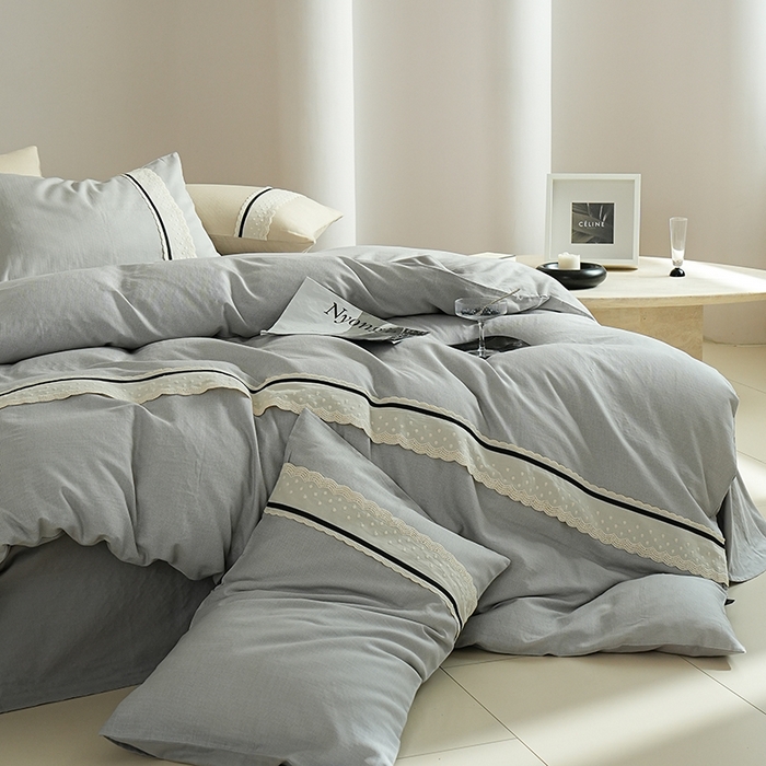 丽卡家纺 2025新款花边压褶瑟琳娜100%全棉双层纱四件套 高级灰