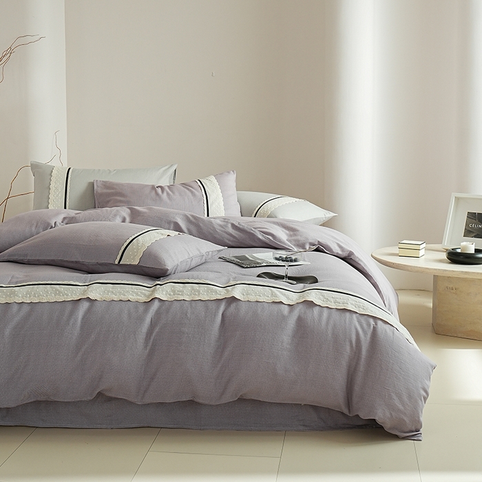 91家纺网 家纺一手货源 找家纺 丽卡家纺 2025新款花边压褶瑟琳娜100%全棉双层纱四件套 薰衣草紫