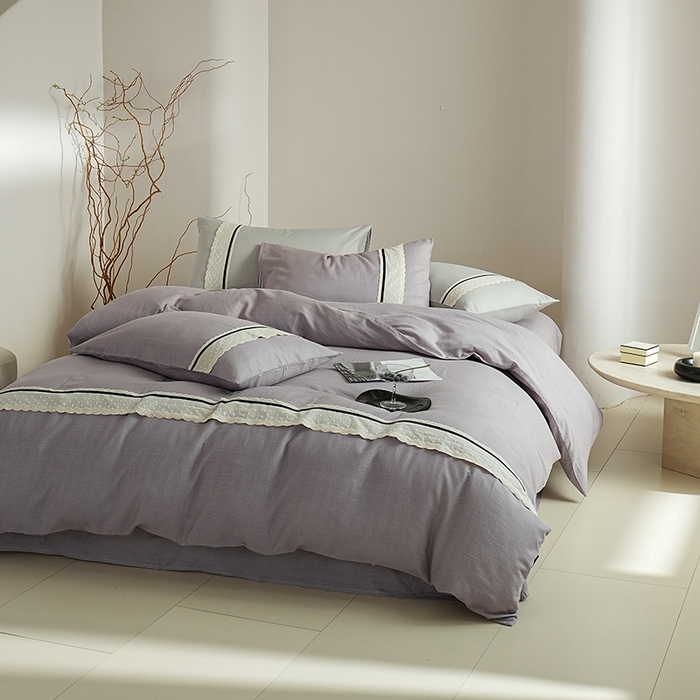 91家纺网 家纺一手货源 找家纺 丽卡家纺 2025新款花边压褶瑟琳娜100%全棉双层纱四件套 薰衣草紫