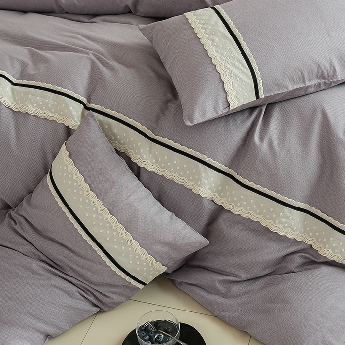 91家纺网 家纺一手货源 找家纺 丽卡家纺 2025新款花边压褶瑟琳娜100%全棉双层纱四件套 薰衣草紫