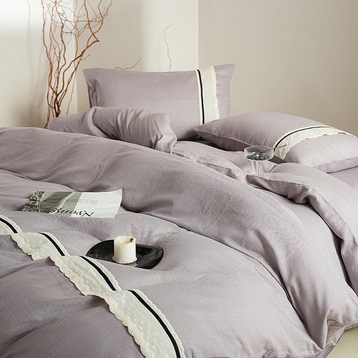 91家纺网 家纺一手货源 找家纺 丽卡家纺 2025新款花边压褶瑟琳娜100%全棉双层纱四件套 薰衣草紫