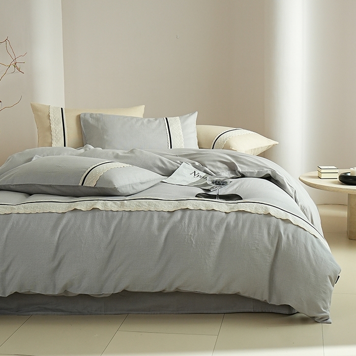 91家纺网 家纺一手货源 找家纺 丽卡家纺 2025新款花边压褶瑟琳娜100%全棉双层纱四件套 高级灰