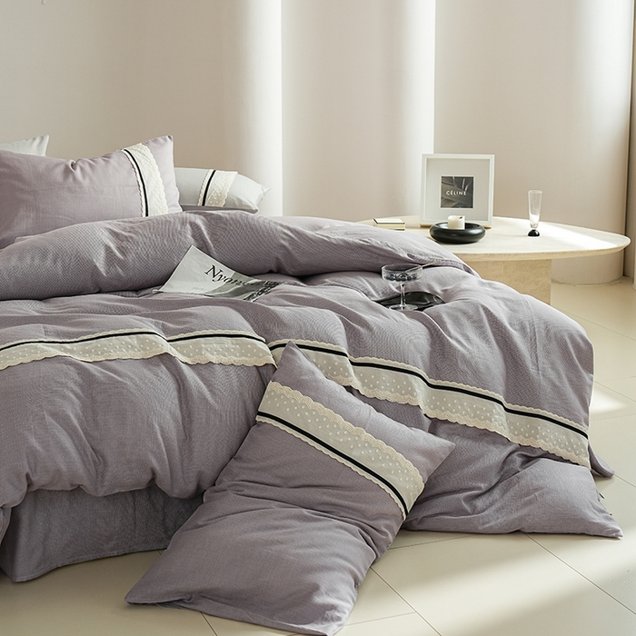 丽卡家纺 2025新款花边压褶瑟琳娜100%全棉双层纱四件套 薰衣草紫