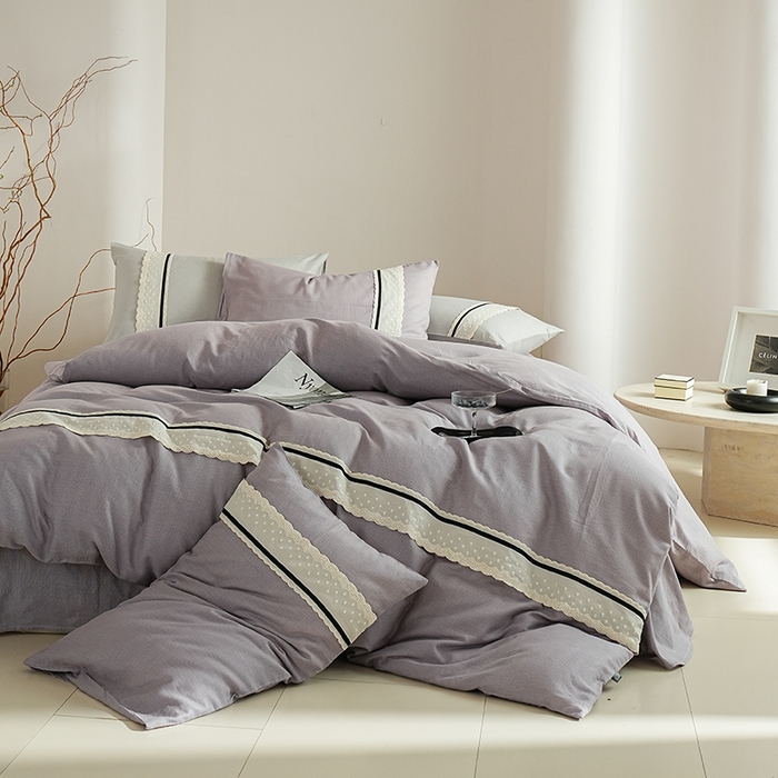 91家纺网 家纺一手货源 找家纺 丽卡家纺 2025新款花边压褶瑟琳娜100%全棉双层纱四件套 薰衣草紫