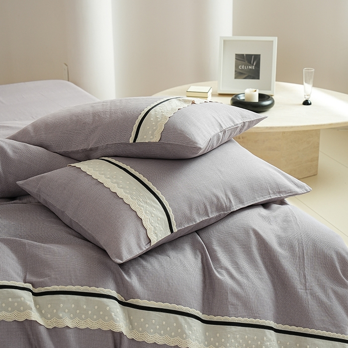 91家纺网 家纺一手货源 找家纺 丽卡家纺 2025新款花边压褶瑟琳娜100%全棉双层纱四件套 薰衣草紫