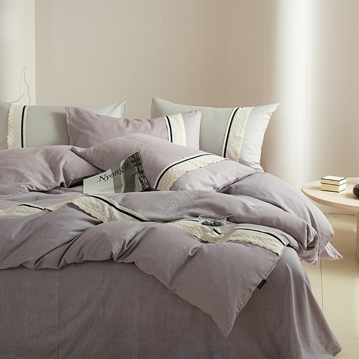 91家纺网 家纺一手货源 找家纺 丽卡家纺 2025新款花边压褶瑟琳娜100%全棉双层纱四件套 薰衣草紫