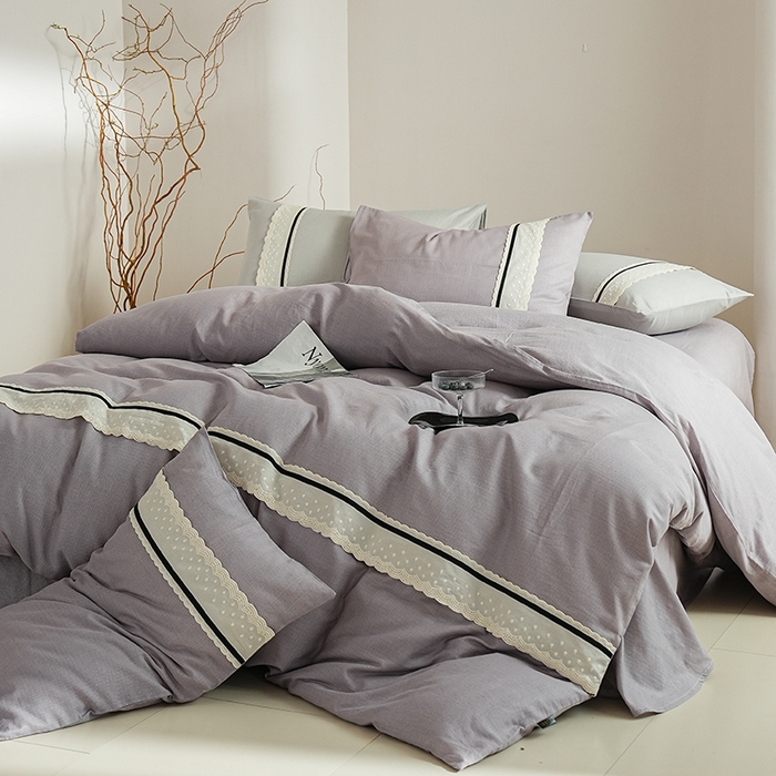 91家纺网 家纺一手货源 找家纺 丽卡家纺 2025新款花边压褶瑟琳娜100%全棉双层纱四件套 薰衣草紫