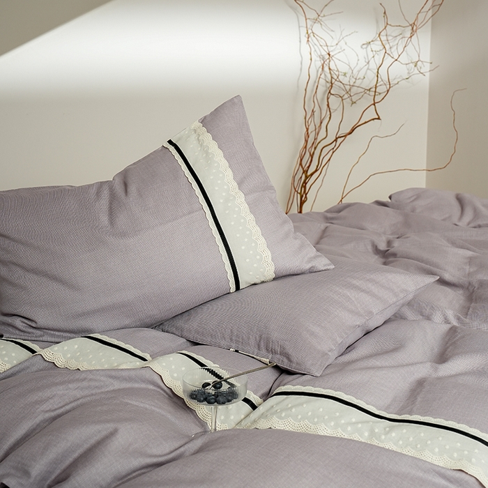 91家纺网 家纺一手货源 找家纺 丽卡家纺 2025新款花边压褶瑟琳娜100%全棉双层纱四件套 薰衣草紫