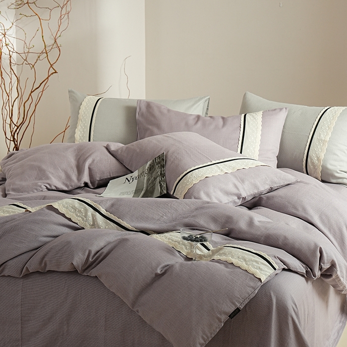 91家纺网 家纺一手货源 找家纺 丽卡家纺 2025新款花边压褶瑟琳娜100%全棉双层纱四件套 薰衣草紫