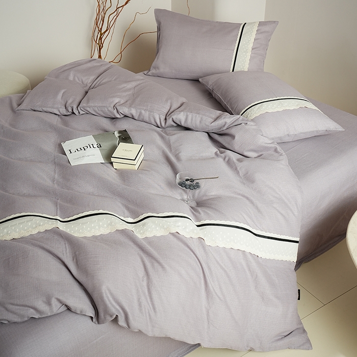 91家纺网 家纺一手货源 找家纺 丽卡家纺 2025新款花边压褶瑟琳娜100%全棉双层纱四件套 薰衣草紫