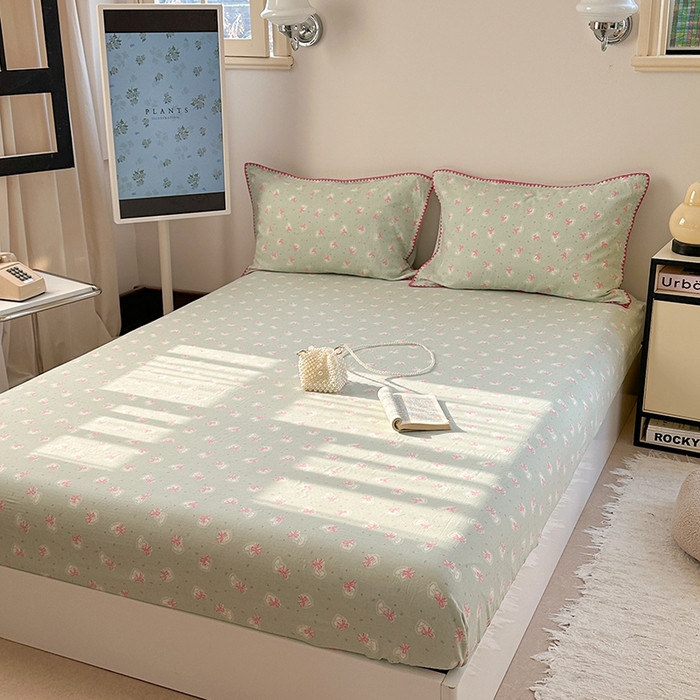 91家纺网 家纺一手货源 找家纺 金丝鸟家纺 2025春夏新款全棉纯棉双层纱床单 单品单件 绿色蝴蝶结