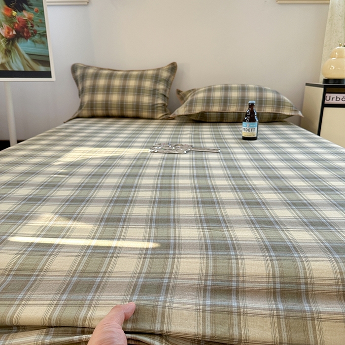 91家纺网 家纺一手货源 找家纺 金丝鸟家纺 2025春夏新款全棉纯棉双层纱床单 单品单件 轨迹绿格