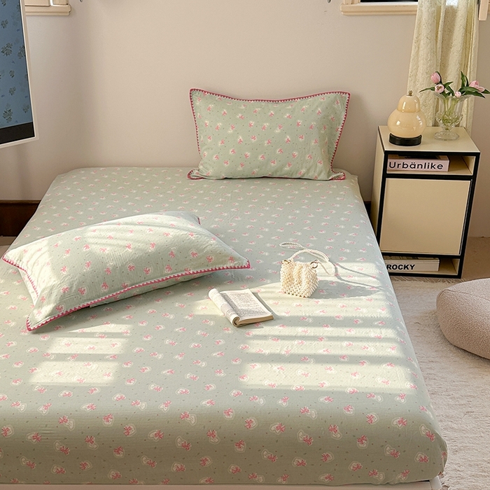 91家纺网 家纺一手货源 找家纺 金丝鸟家纺 2025春夏新款全棉纯棉双层纱床单 单品单件 绿色蝴蝶结