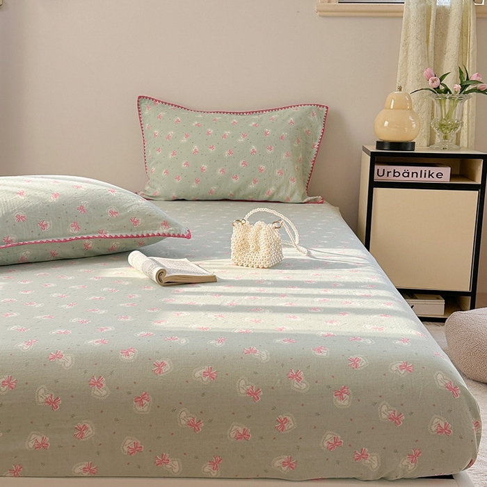 91家纺网 家纺一手货源 找家纺 金丝鸟家纺 2025春夏新款全棉纯棉双层纱床单 单品单件 绿色蝴蝶结