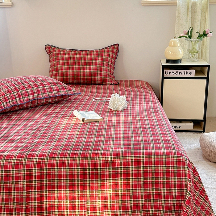 91家纺网 家纺一手货源 找家纺 金丝鸟家纺 2025春夏新款全棉纯棉双层纱床单 单品单件 红色格纹