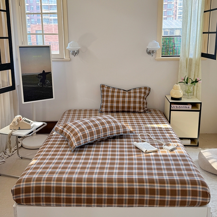 91家纺网 家纺一手货源 找家纺 金丝鸟家纺 2025春夏新款全棉纯棉双层纱床单 单品单件 青梅田格