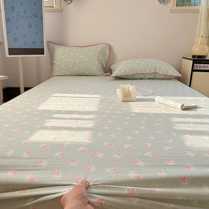 91家纺网 家纺一手货源 找家纺 金丝鸟家纺 2025春夏新款全棉纯棉双层纱床单 单品单件 绿色蝴蝶结