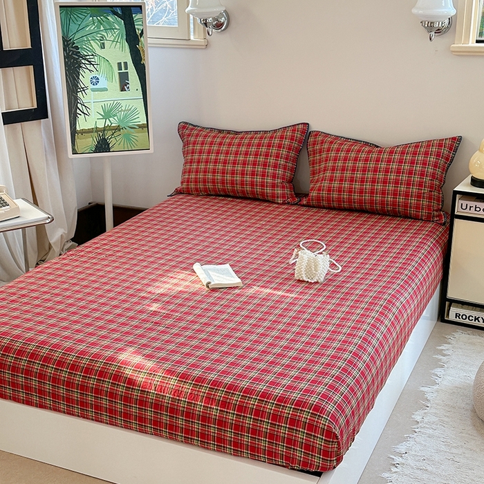 91家纺网 家纺一手货源 找家纺 金丝鸟家纺 2025春夏新款全棉纯棉双层纱床单 单品单件 红色格纹