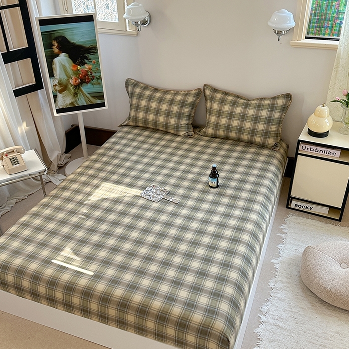 91家纺网 家纺一手货源 找家纺 金丝鸟家纺 2025春夏新款全棉纯棉双层纱床单 单品单件 轨迹绿格