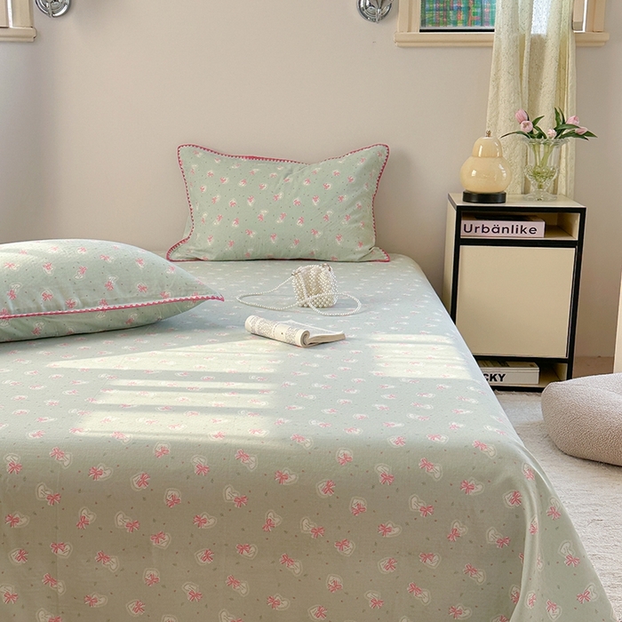 91家纺网 家纺一手货源 找家纺 金丝鸟家纺 2025春夏新款全棉纯棉双层纱床单 单品单件 绿色蝴蝶结