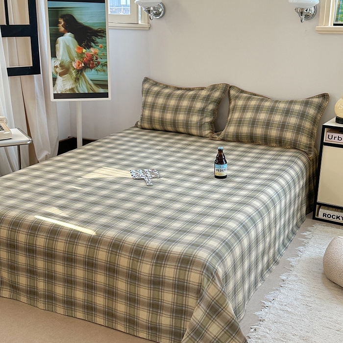 91家纺网 家纺一手货源 找家纺 金丝鸟家纺 2025春夏新款全棉纯棉双层纱床单 单品单件 轨迹绿格