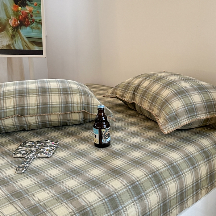 91家纺网 家纺一手货源 找家纺 金丝鸟家纺 2025春夏新款全棉纯棉双层纱床单 单品单件 轨迹绿格