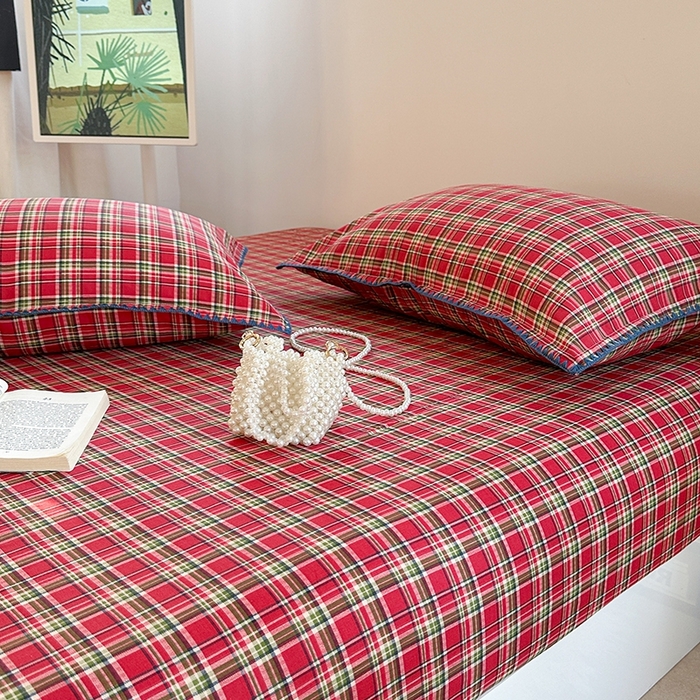 91家纺网 家纺一手货源 找家纺 金丝鸟家纺 2025春夏新款全棉纯棉双层纱床单 单品单件 红色格纹