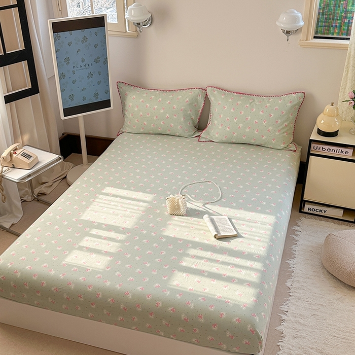 91家纺网 家纺一手货源 找家纺 金丝鸟家纺 2025春夏新款全棉纯棉双层纱床单 单品单件 绿色蝴蝶结