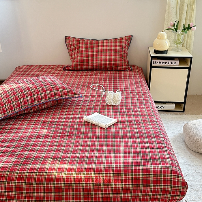 91家纺网 家纺一手货源 找家纺 金丝鸟家纺 2025春夏新款全棉纯棉双层纱床单 单品单件 红色格纹