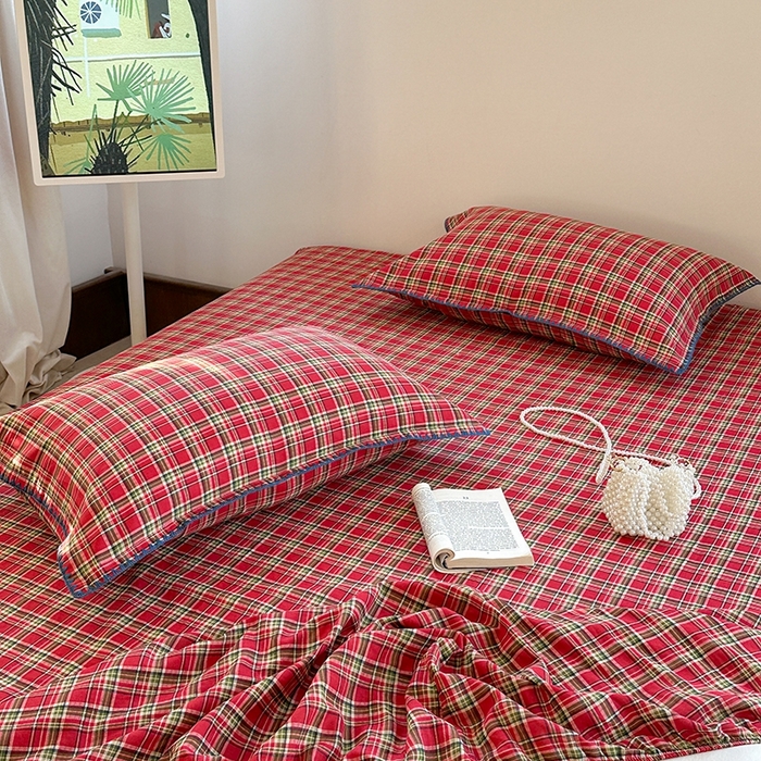 91家纺网 家纺一手货源 找家纺 金丝鸟家纺 2025春夏新款全棉纯棉双层纱床单 单品单件 红色格纹