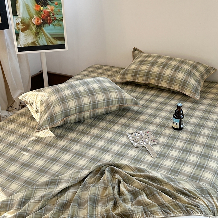 91家纺网 家纺一手货源 找家纺 金丝鸟家纺 2025春夏新款全棉纯棉双层纱床单 单品单件 轨迹绿格